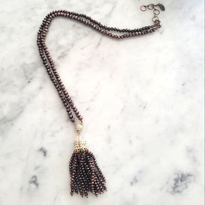 ($10 as an add-om) Onyx beads tessel necklace
